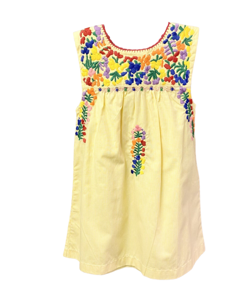 Yellow Gingham Sleeveless Puebla Dress With Multi Color Stitching