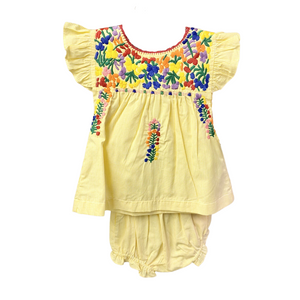 Yellow Gingham Puebla Bloomer Set With Multi Color Stitching
