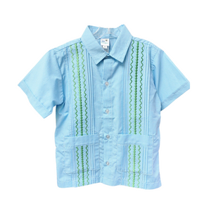 Turquoise Small Check Guayabera Shirt With Green Stitching