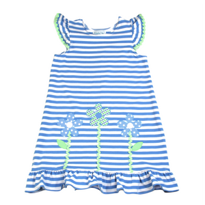 Blue And White Stripe Knit Dress With Flowers