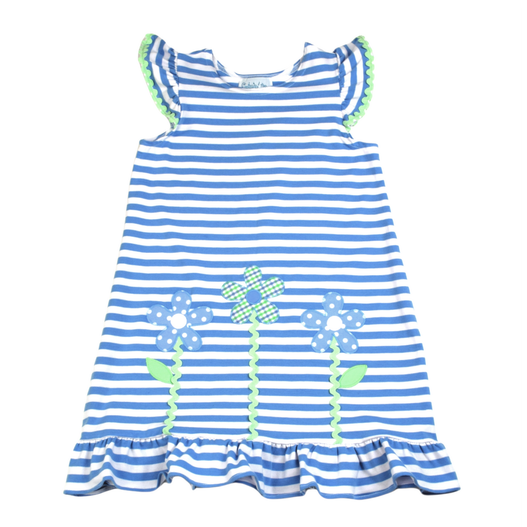 Blue And White Stripe Knit Dress With Flowers