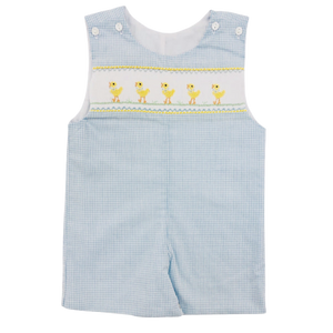 Pete Blue Gingham Shortall With Duckling Smocking