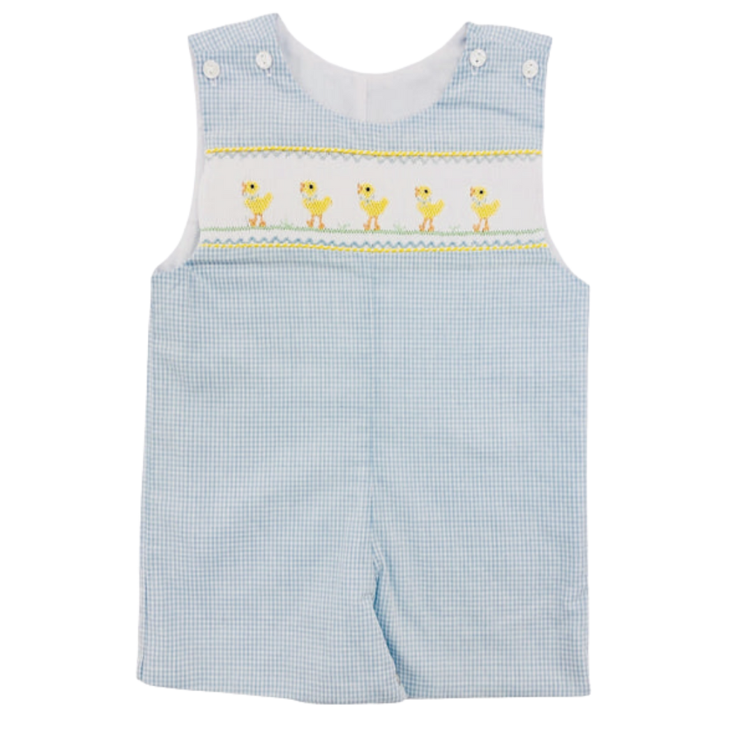 Pete Blue Gingham Shortall With Duckling Smocking