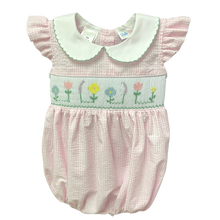 Load image into Gallery viewer, Rosie Pink Seersucker Bubble With Spring Flowers Smocking
