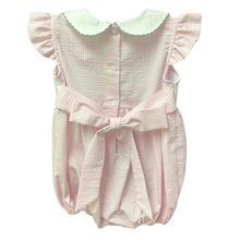 Load image into Gallery viewer, Rosie Pink Seersucker Bubble With Spring Flowers Smocking
