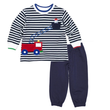 Load image into Gallery viewer, Navy Stripe Shirt With Firetruck And Dalmation With Navy Jogger
