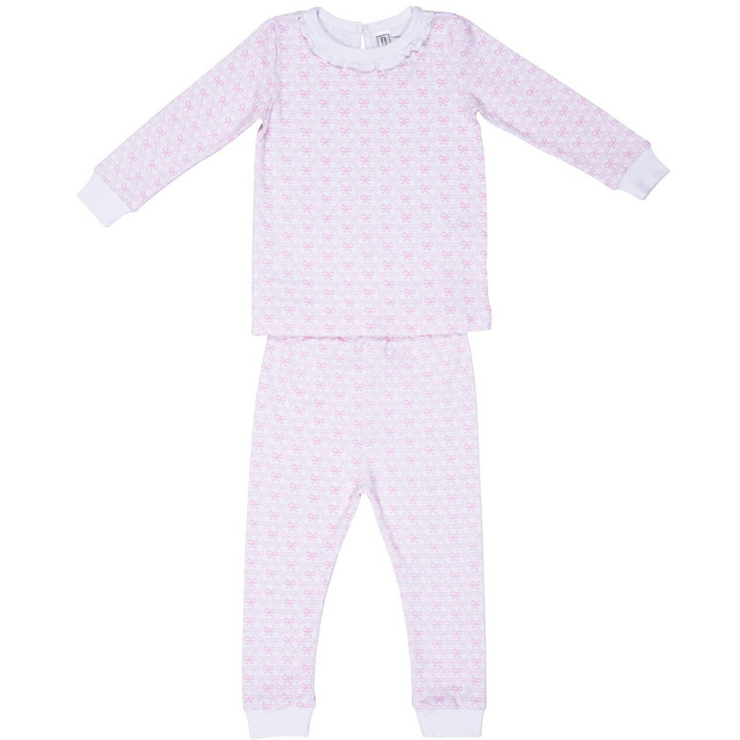 Pink Bows Two Piece PJ Set with Ruffled Neck