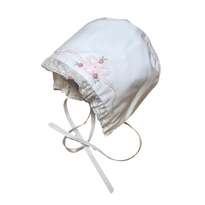 Vintage Bow & Lace White Bonnet - White with Pink