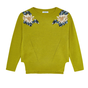 Olive Intarsia Sweater With Flowers