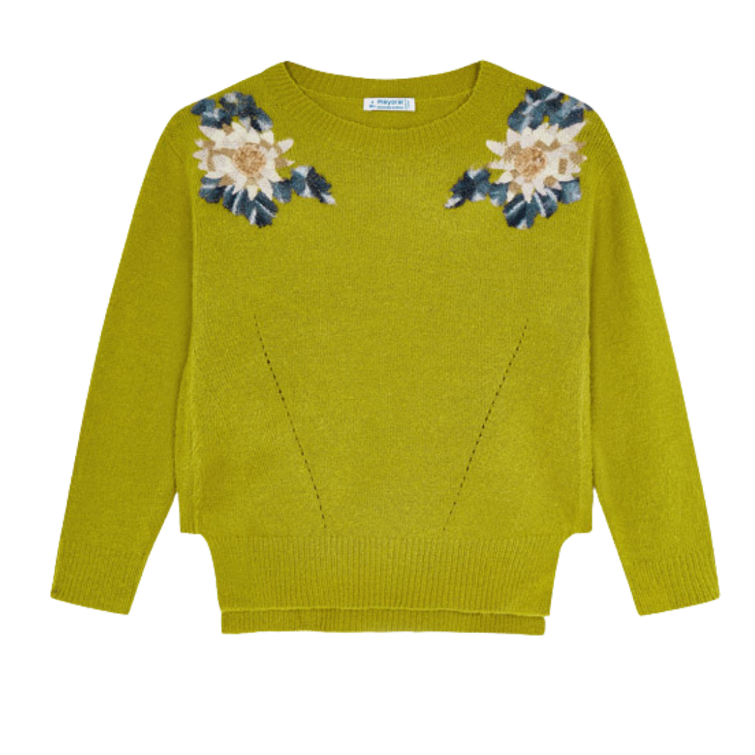 Olive Intarsia Sweater With Flowers