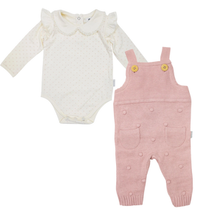 Pink Knit Overall With Polka Dot Collared Bodysuit