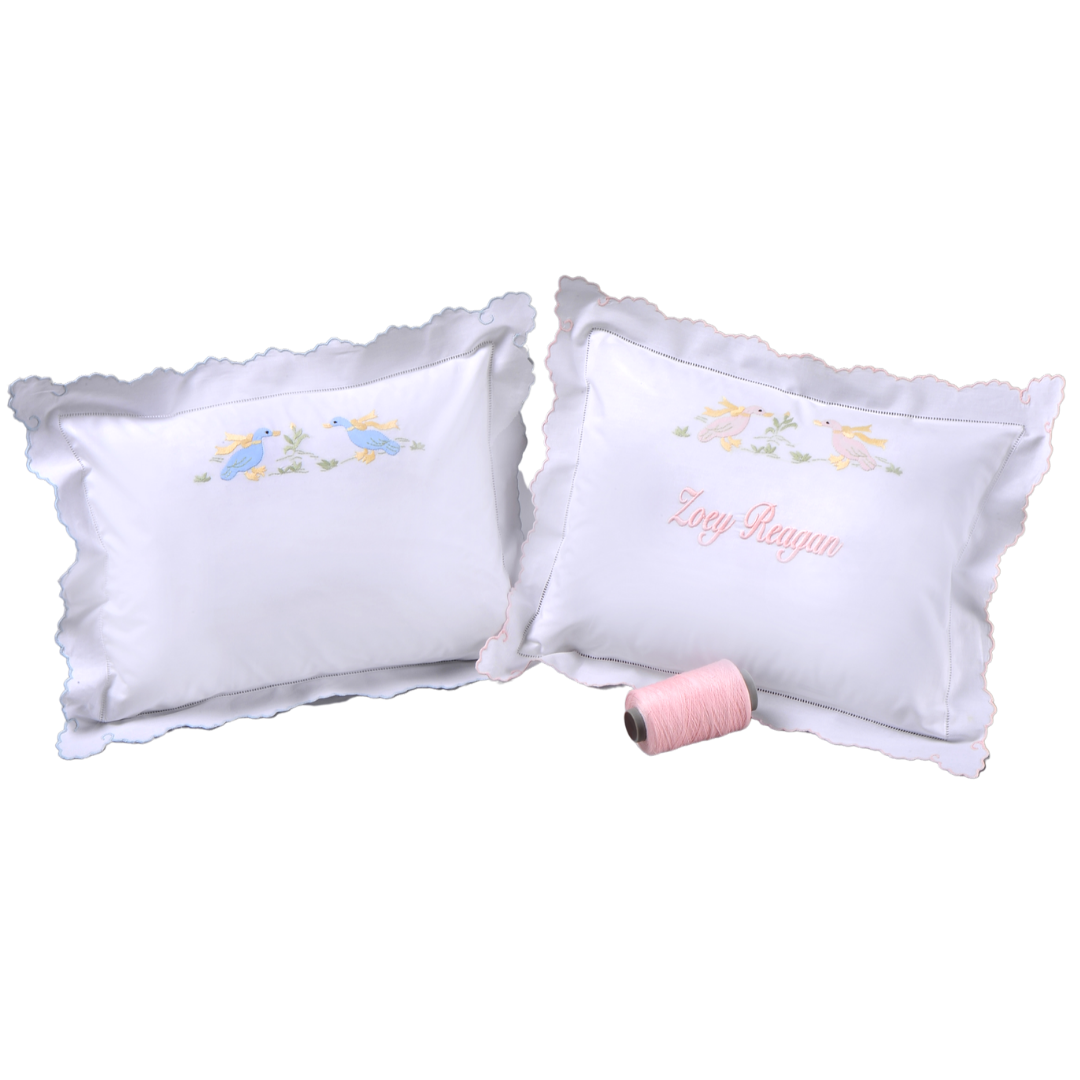 Hand Embroidered Duckies on Rosepointe Scallop Pillow Case With Insert