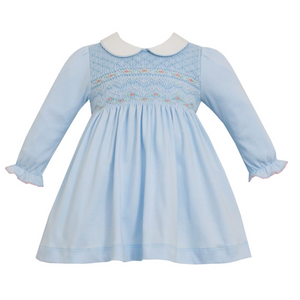 Light Blue Smocked Dress With Pink Geometric Smocking