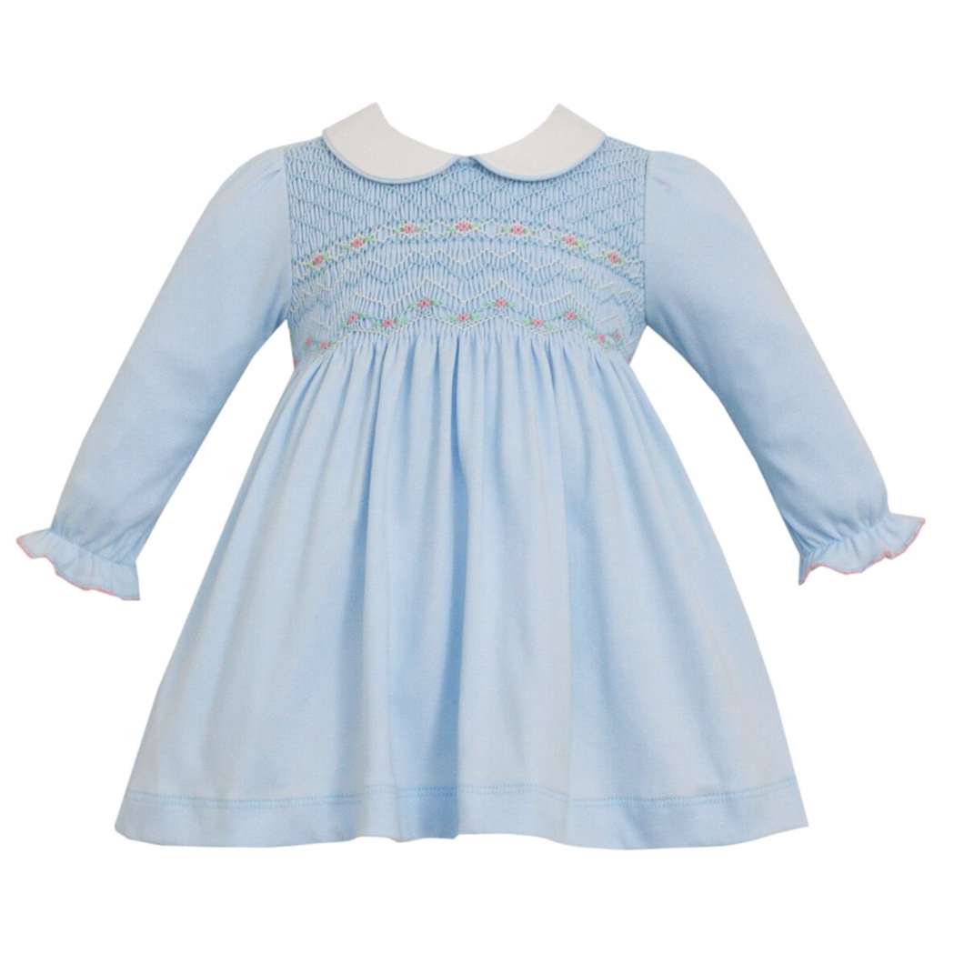 Light Blue Smocked Dress With Pink Geometric Smocking