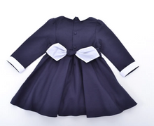 Load image into Gallery viewer, Navy Twill Alyssa Organic Long Sleeved Dress With Scalloped Bib

