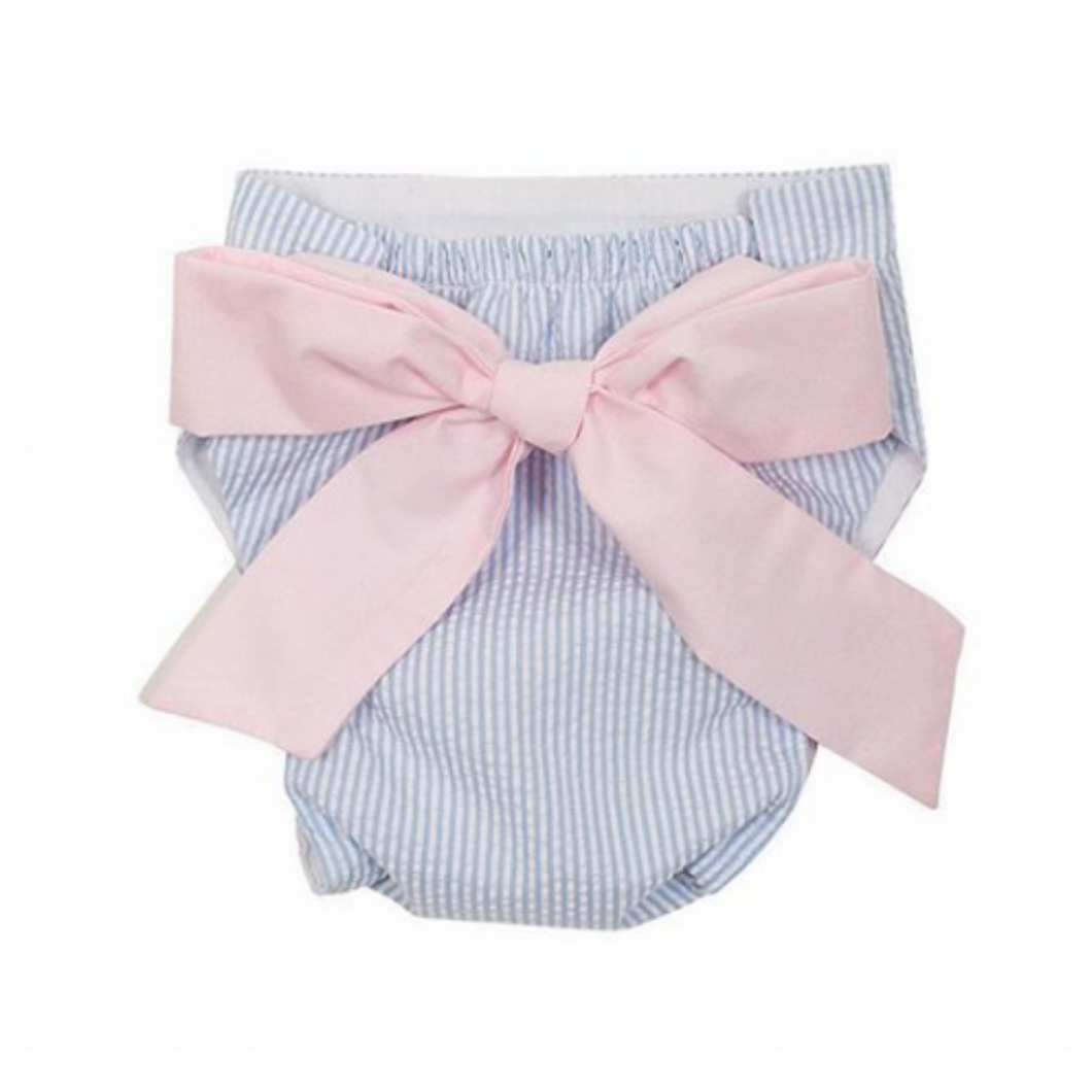 Baby Bow Bottom Bloomer - Breakers Blue Seersucker with Plantation Pink