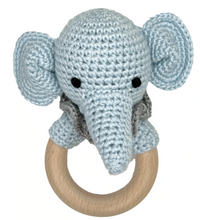 Load image into Gallery viewer, Elephant Crochet Wood Ring Rattle
