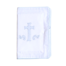 Load image into Gallery viewer, Straight Edged Bible Cover with Blue Embroidered Cross
