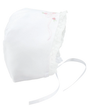 Load image into Gallery viewer, Vintage Bow &amp; Lace White Bonnet - White with Pink
