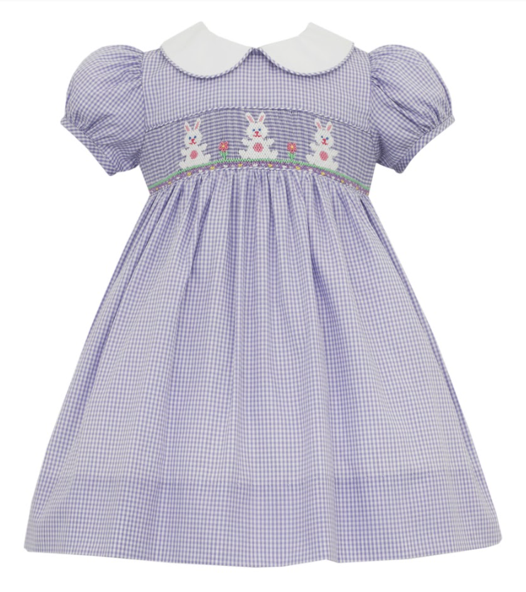 Lilac Gingham Short Sleeve Dress With Bunny Smocking