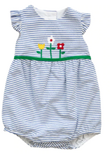 Load image into Gallery viewer, Blue And White Seersucker Romper with Garden
