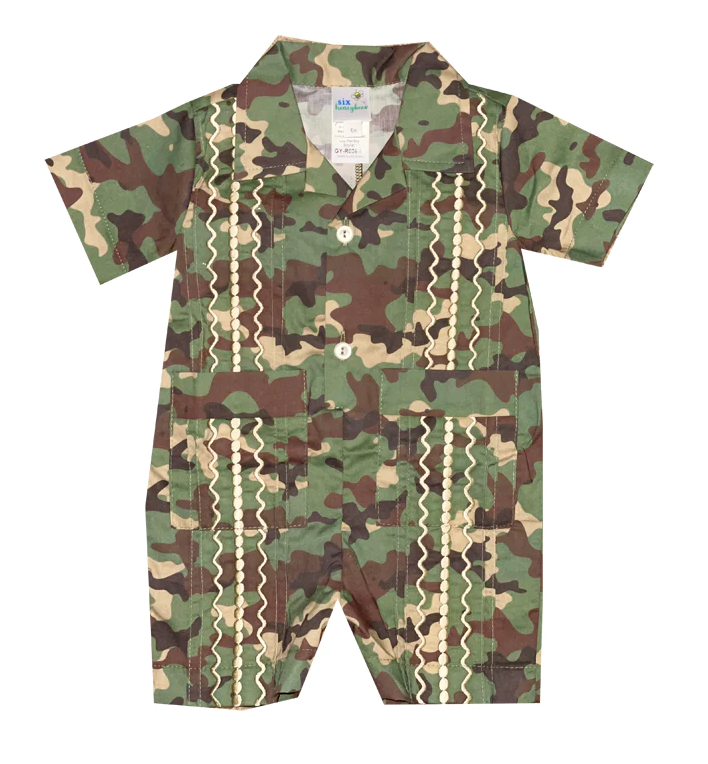 Camo Guayabera Romper With Khaki Stitching