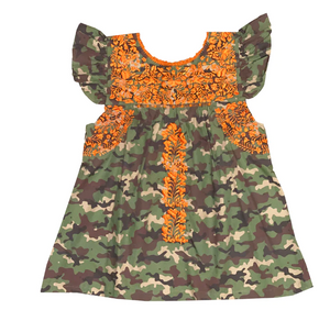Camo With Orange Stitching Flutter Sleeve Dress