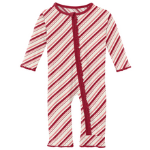 Load image into Gallery viewer, Strawberry Candy Cane Stripe Muffin Ruffle Zipper Footie
