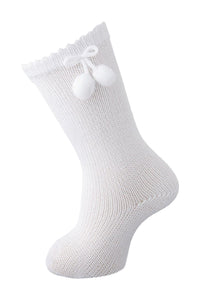 Scottish Yarn Knee High Pom Pom Socks - White