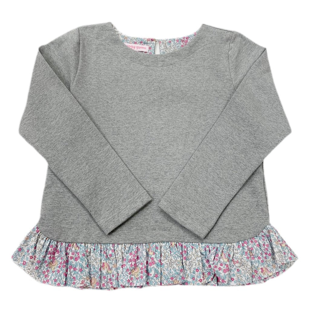 Nora Sweater  - Grey Knit With Chickering Floral Ruffle