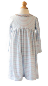 Cici Dress - Blue And Grey Stripe With Chickering Floral Ruffle