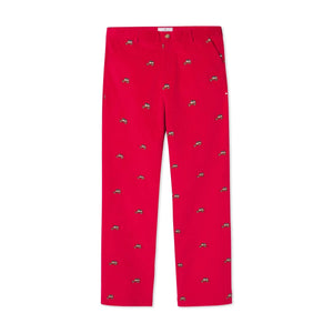 Boys Red Corduroy Pant With Woody And Christmas Tree Embroidery