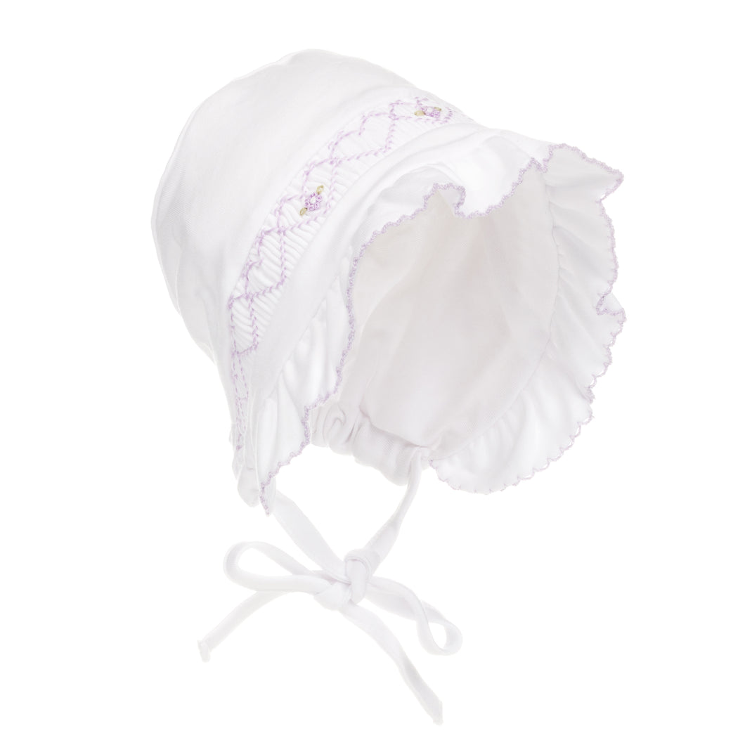 CLB Summer Bishop Smocked Bonnet - White with Lilac