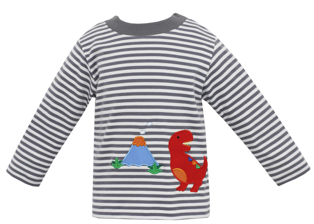 Gray Stripe Long Sleeve Tee With Dinosaur Applique