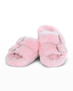 Pink Furry Buckle Strap Slippers