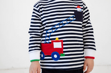 Load image into Gallery viewer, Navy Stripe Shirt With Firetruck And Dalmation With Navy Jogger
