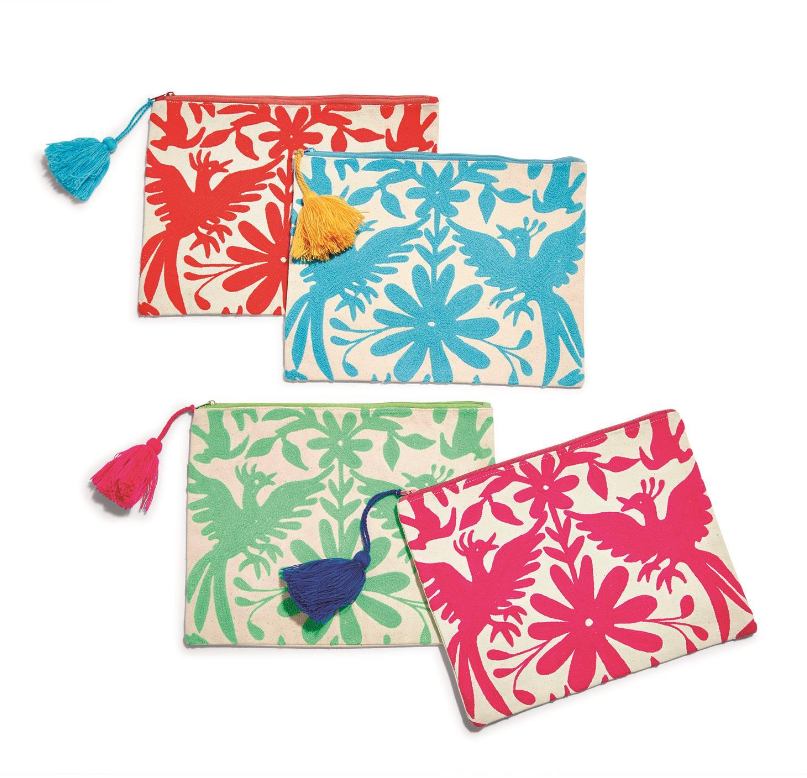 Flora and Fauna Embroidered Pouch With Tassel Zipper Pull