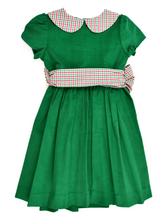Load image into Gallery viewer, Green Corduroy Dress With Red And Green Plaid Sash
