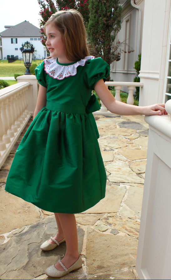 Green Taffeta Dress With Modern Tree Collar