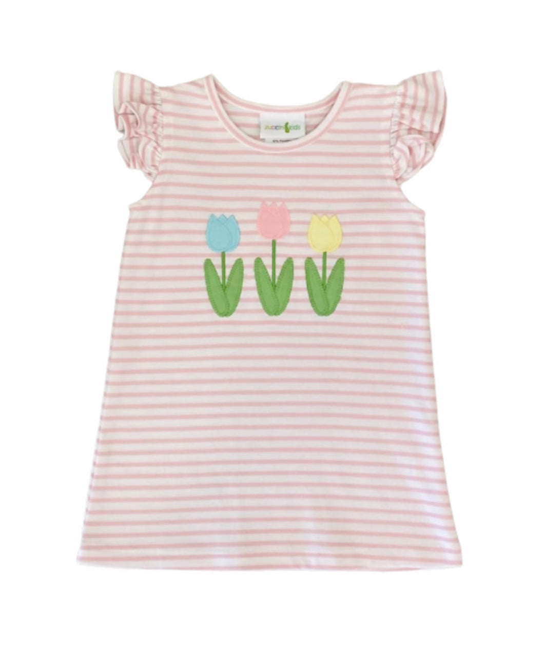 Pink And White Stripe Tulip Applique Knit Dress