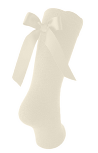 Cotton Knee High Socks With Bow In Back - Natural Ivory