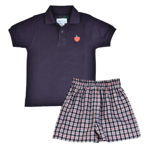 Navy Polo With Apple Applique And Check Shorts