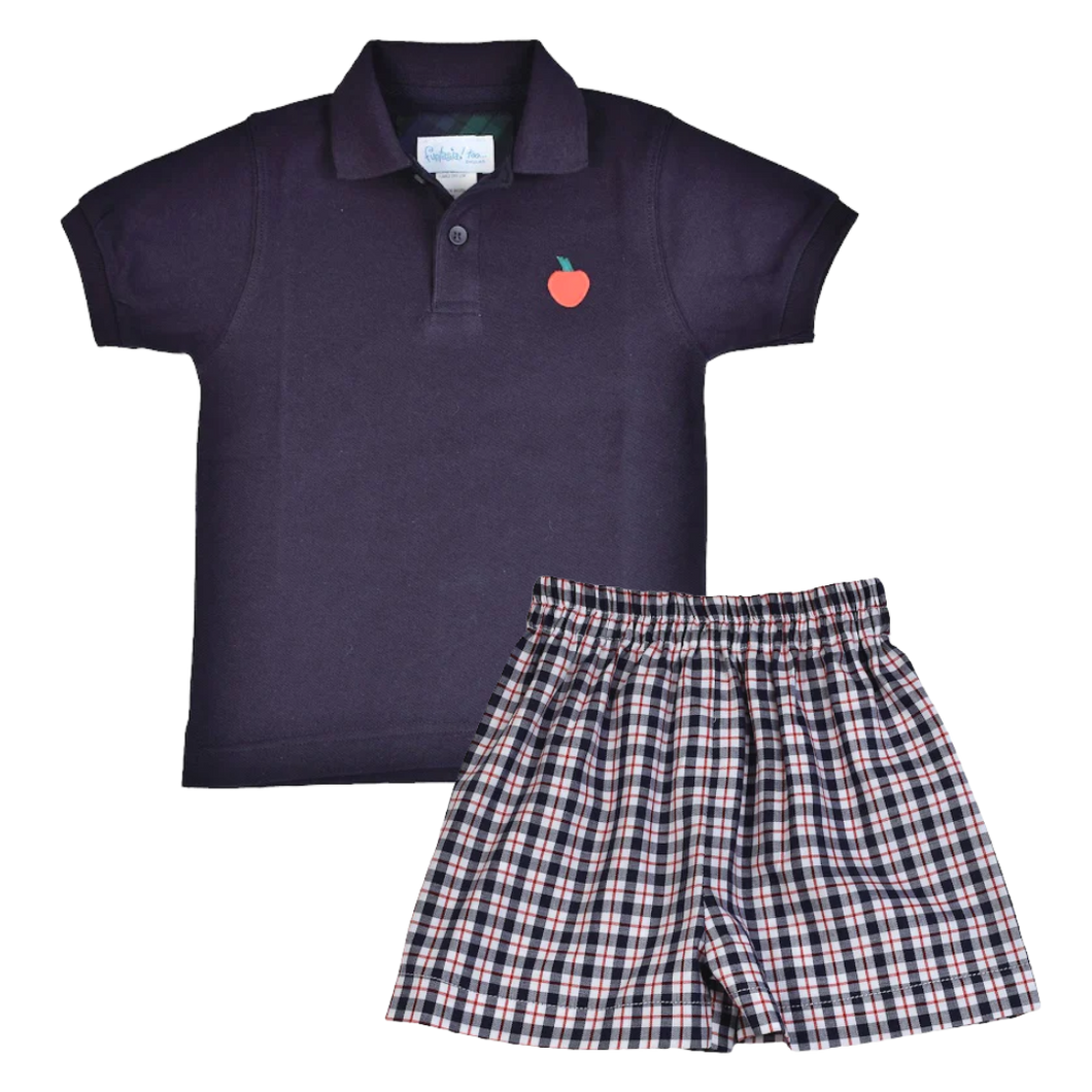 Navy Polo With Apple Applique And Check Shorts