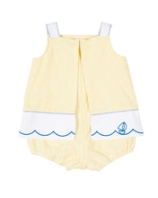 Load image into Gallery viewer, Yellow Seersucker Romper with Embroidered Sailboats
