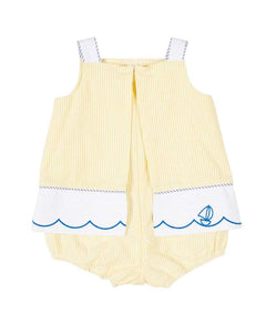 Yellow Seersucker Romper with Embroidered Sailboats