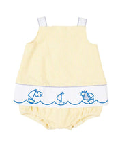 Load image into Gallery viewer, Yellow Seersucker Romper with Embroidered Sailboats

