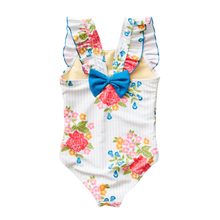 Load image into Gallery viewer, Blue Stripe Floral Liv Bow Swimsuit
