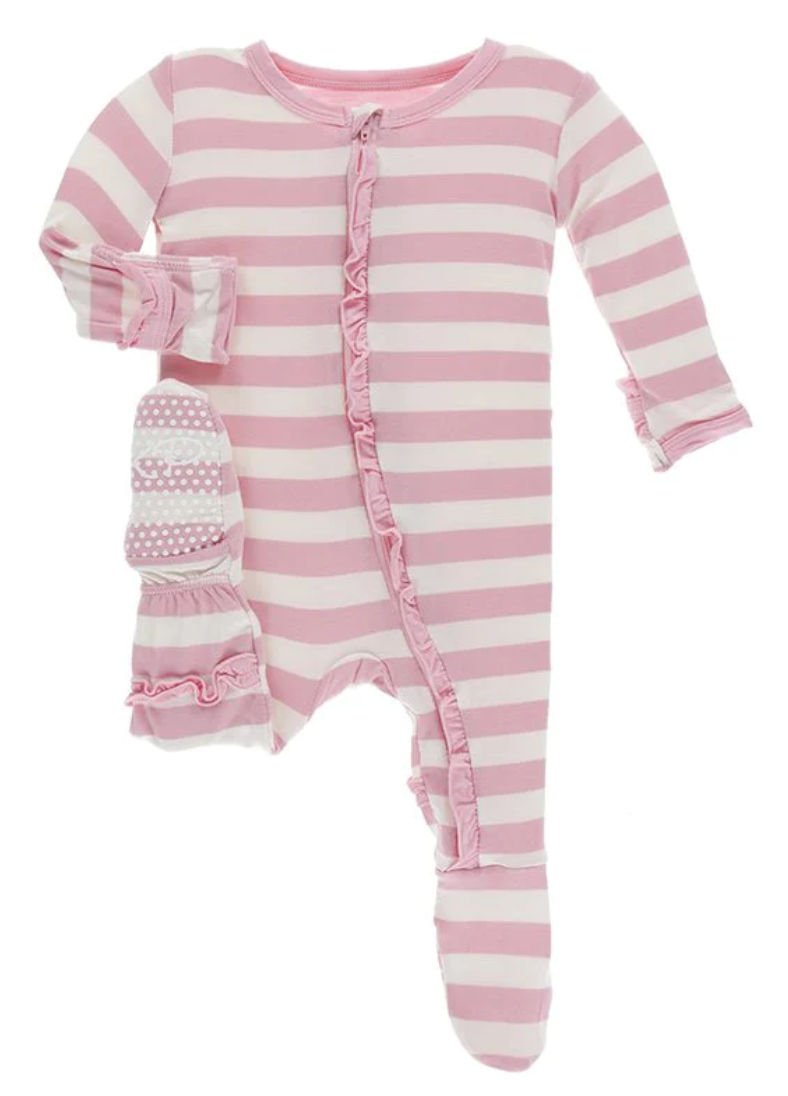 Lotus Stripe Ruffle Footie With Zipper