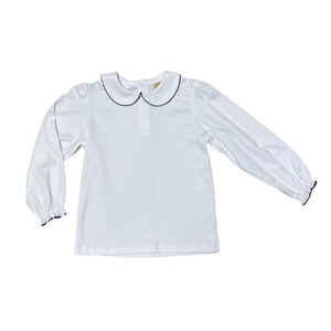 Maude's Peter Pan Collar Shirt Long Sleeve Pima - White With Nantucket Navy Trim