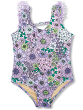 Load image into Gallery viewer, Mod Purple Floral Fringe Back Girls One Piece Swimsuit

